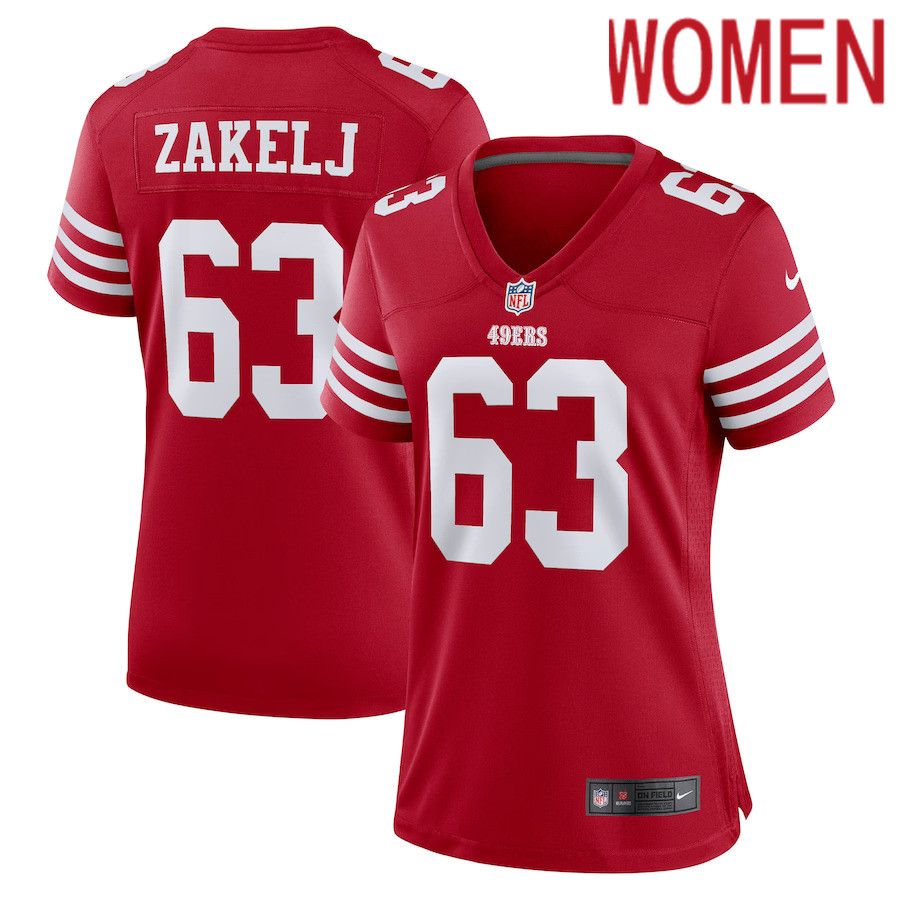 Women San Francisco 49ers 63 Nick Zakelj Nike Scarlet Game Player NFL Jersey